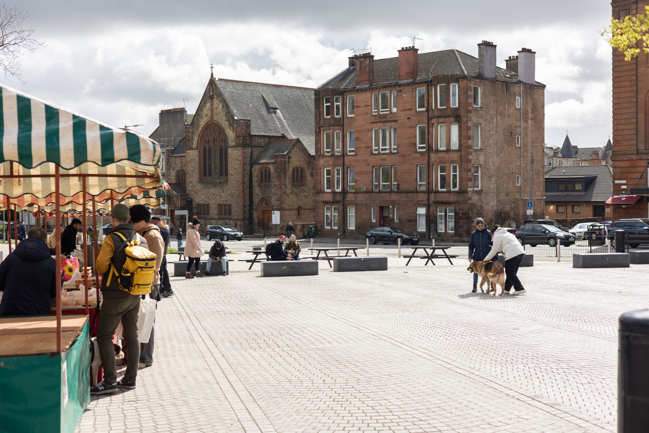 Langside Avenue, Shawlands, Glasgow, market stall with people outside Langside Hall