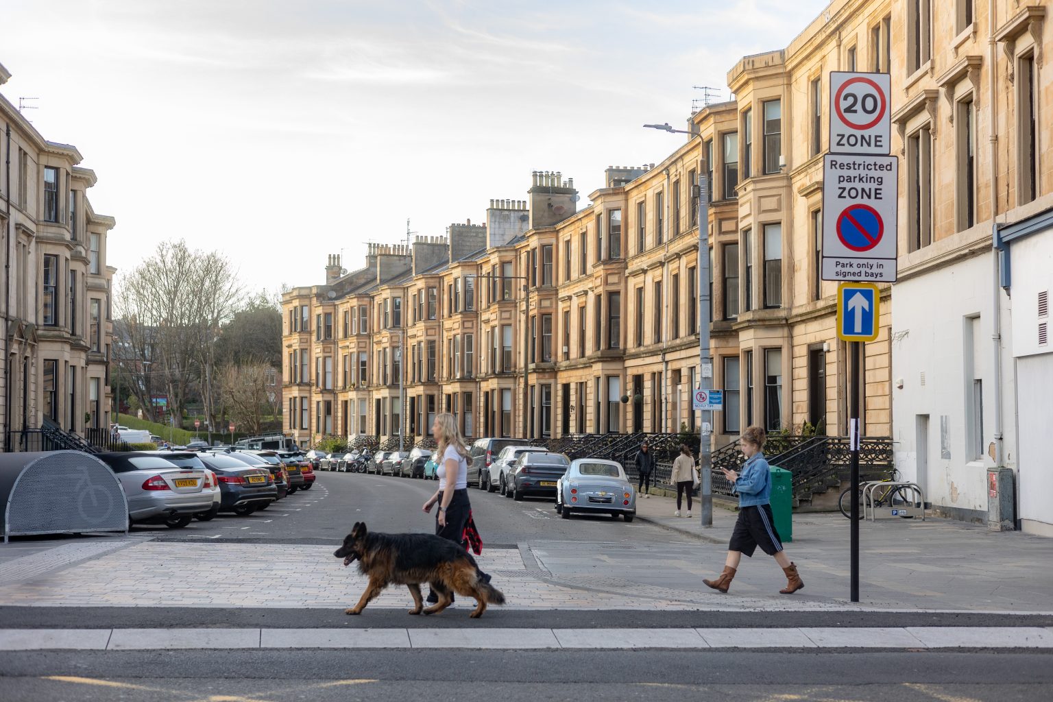 Dowanside Road, Dowanhill, cars, pedestrians and dog walker