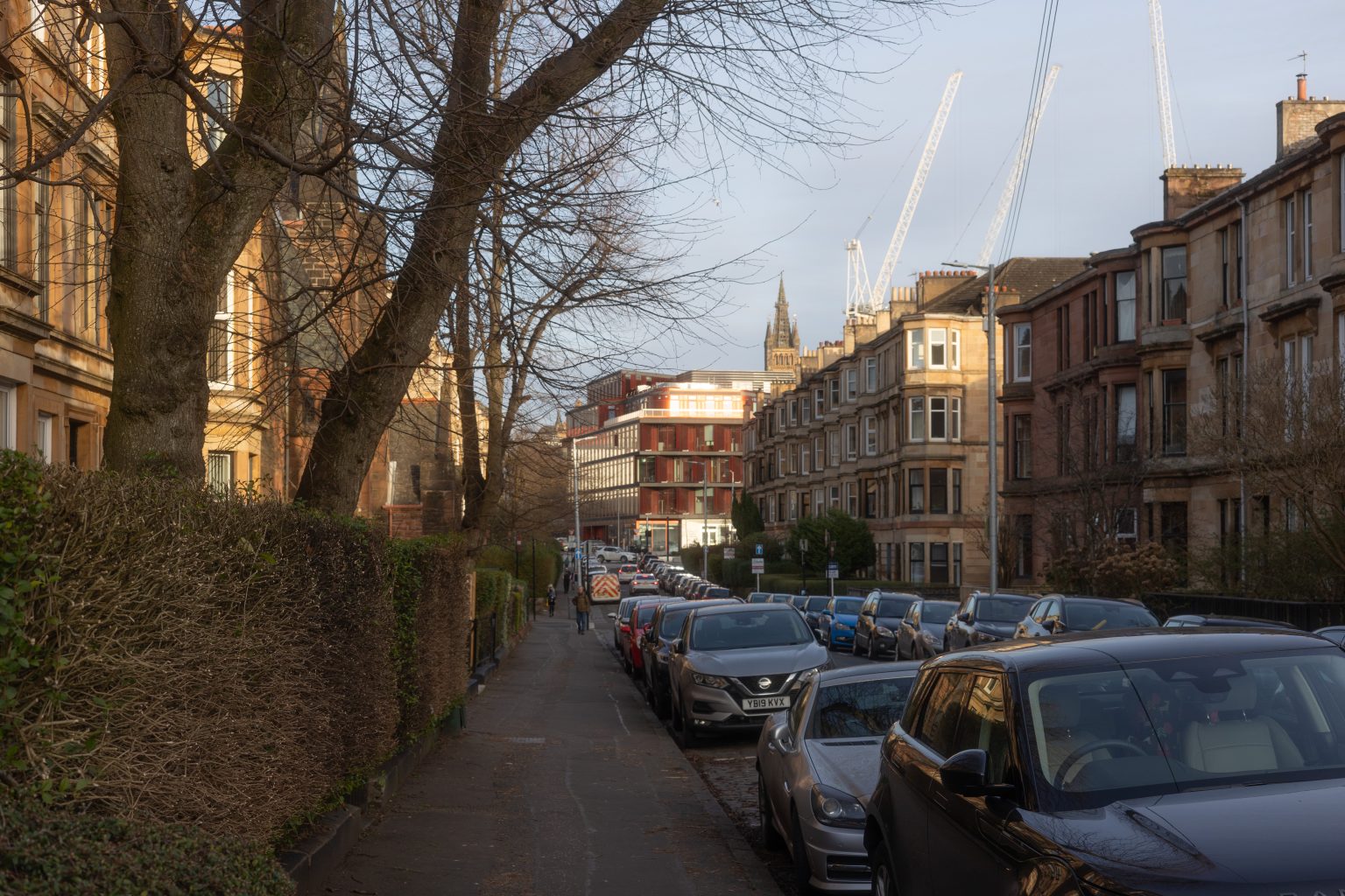 Lawrence Street, Dowanhill, Glasgow blonde sandstone street with Glasgow University in background